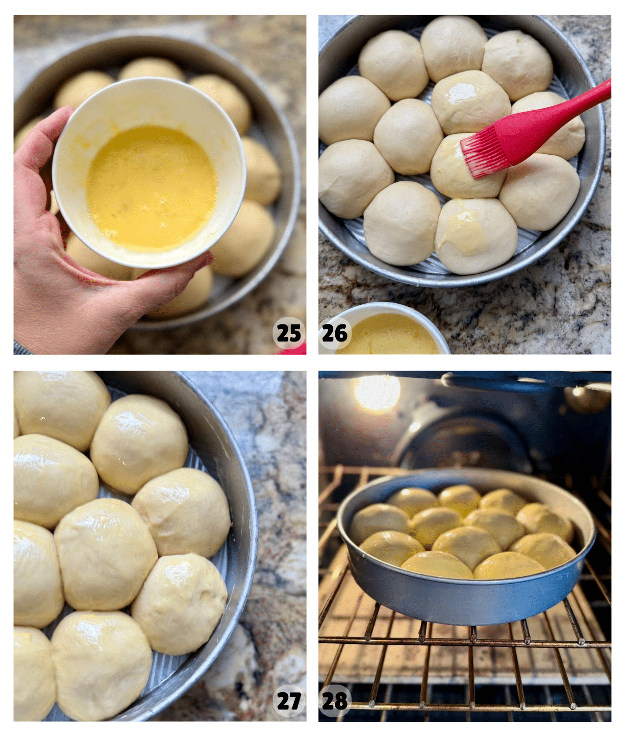 The shaped rolls are brushed with egg wash and baked until golden brown and fluffy.