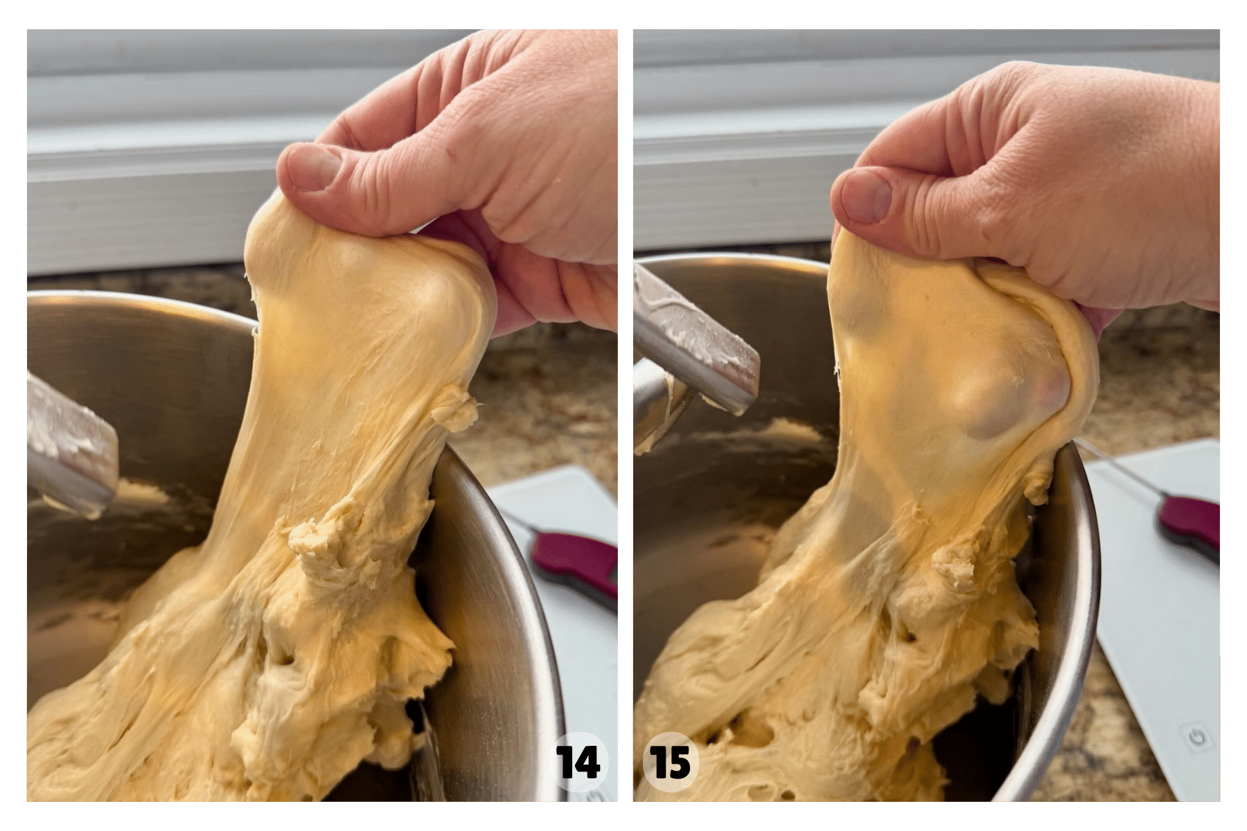 The dough is kneaded until it becomes smooth, elastic, and passes the windowpane test.
