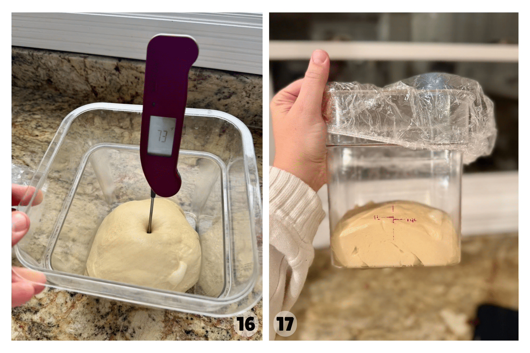 The finished dough is checked with a thermometer to confirm the proper dough temperature before fermenting.