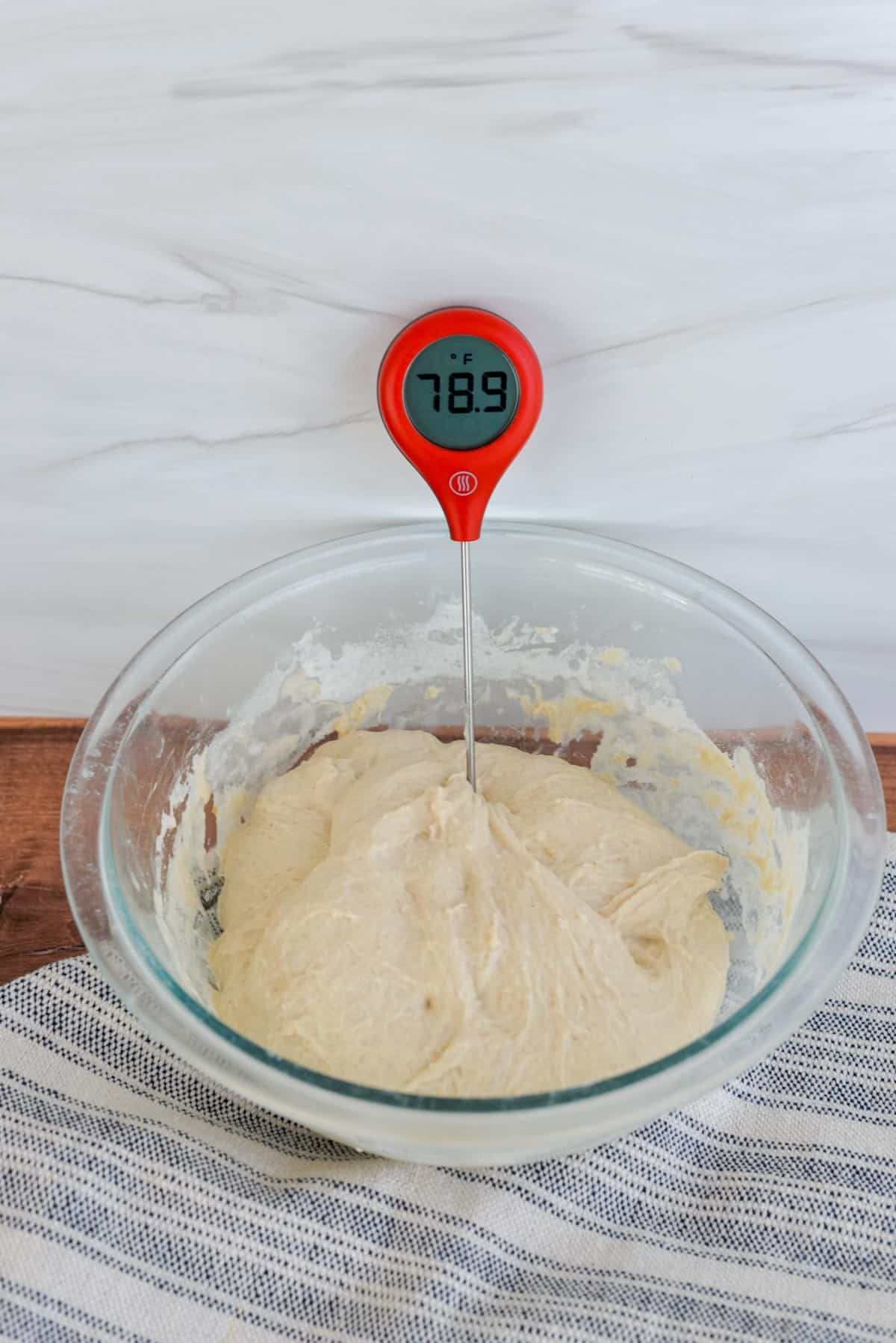Sourdough dough in a bowl with a thermometer sticking out of it on a counter.